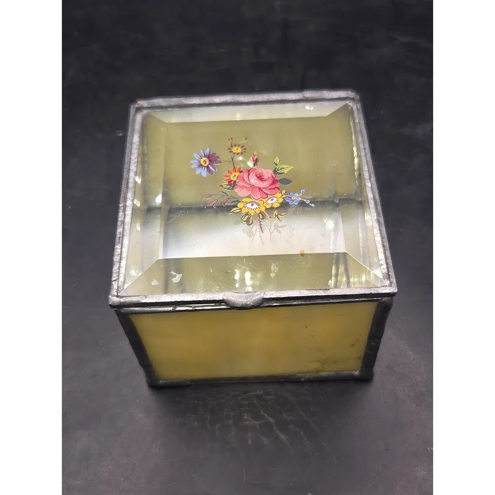 Vtg Glass Metal Leaded Trinket Jewelry Box Hinged Stained Glass Mirror Bottom